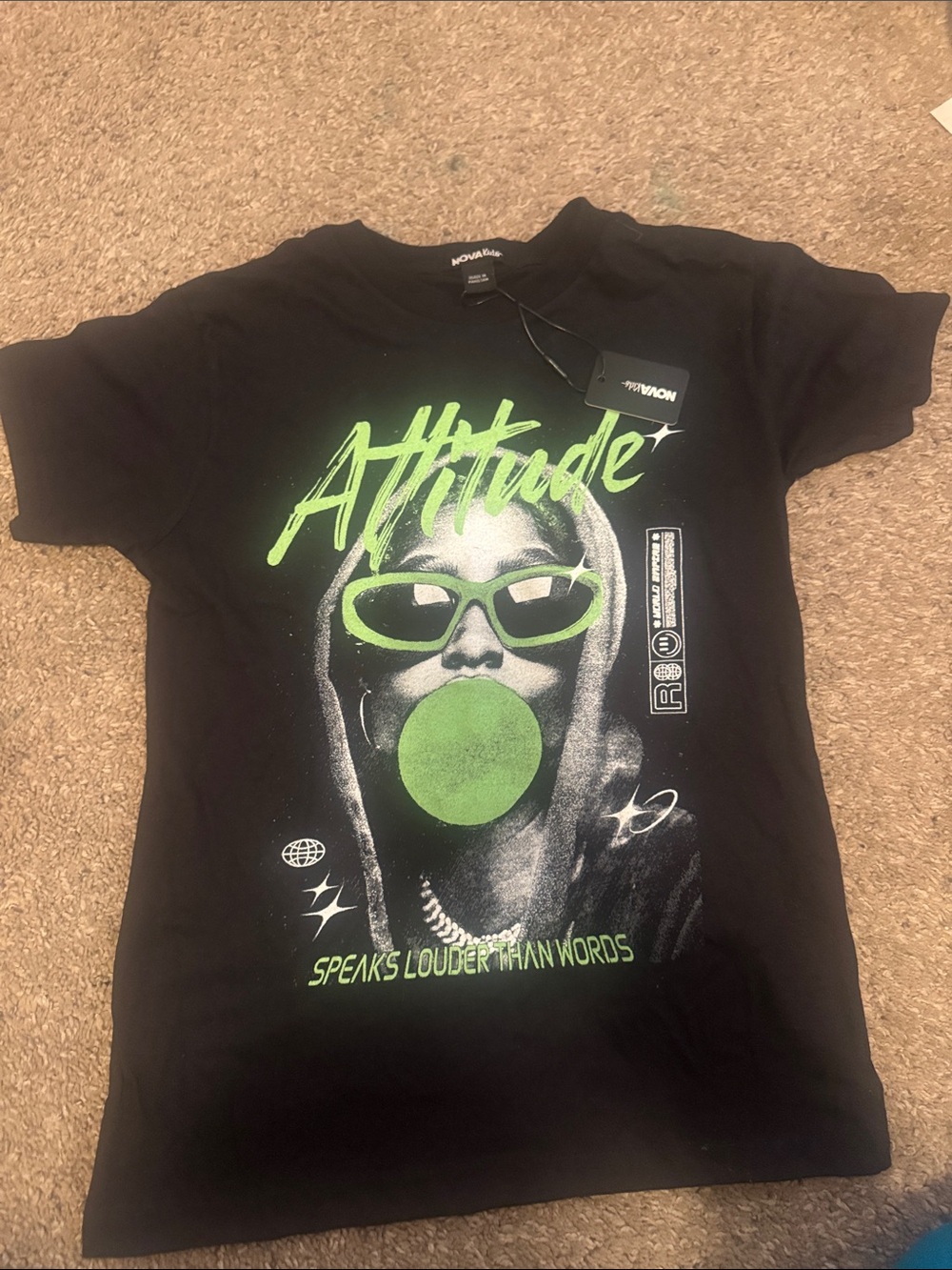 Fashion Nova Kids Black Tee with Neon Green 'Attitude' Graphic